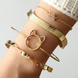 Layered Gold Metal Cat Triangle Bracelet Set of 4